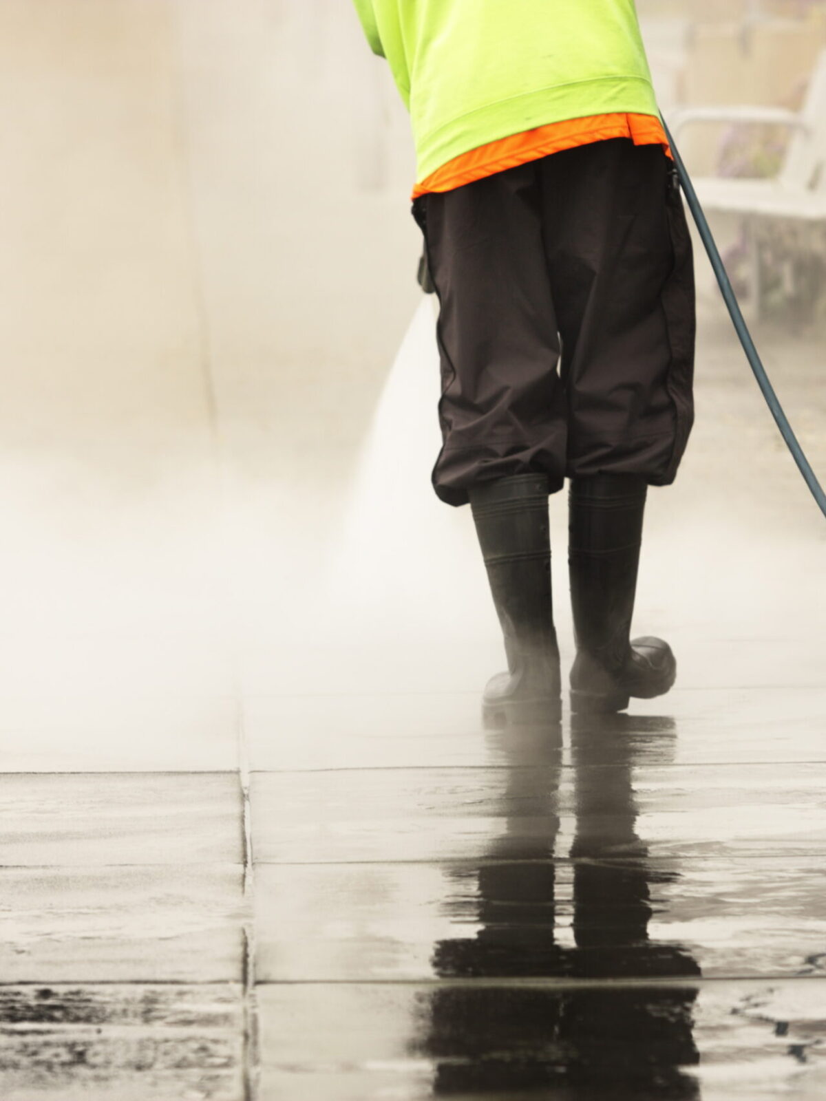 Worker Steam Cleans Sidewalk